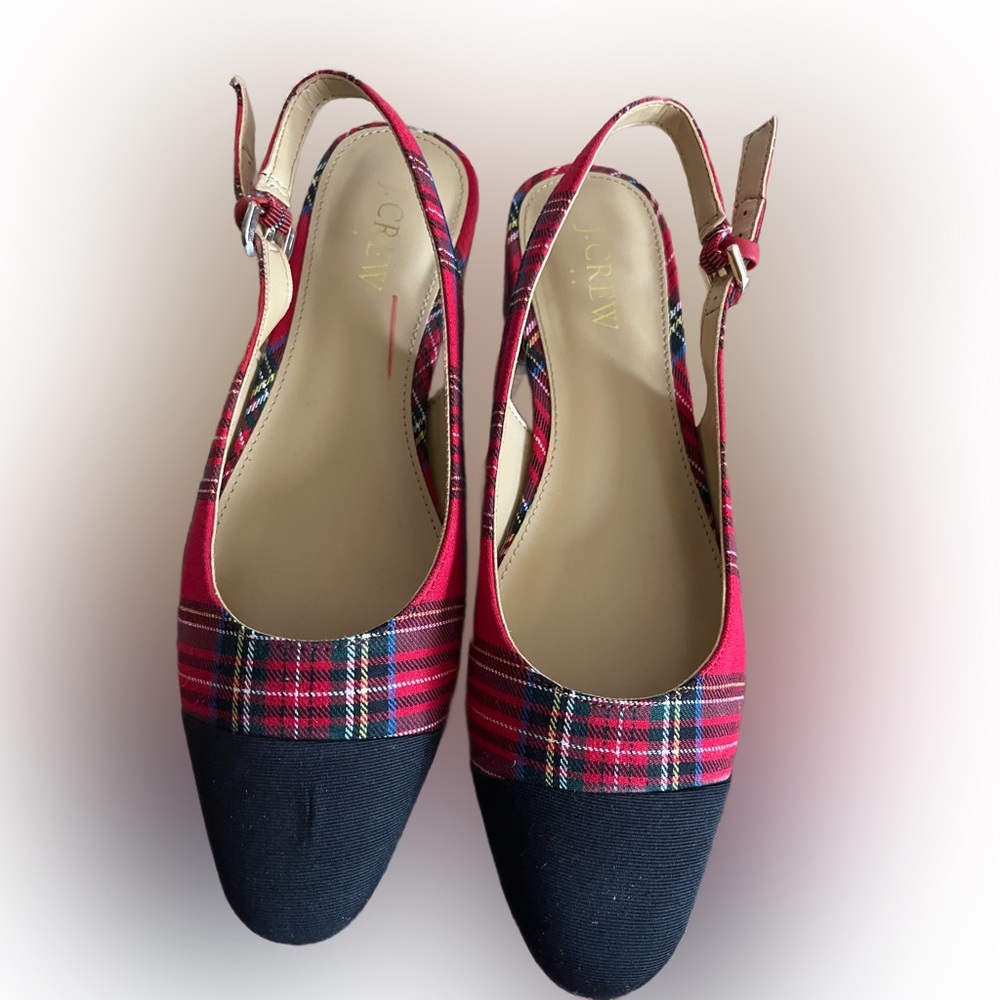 J. Crew Plaid Slingback Flats in Red and Black